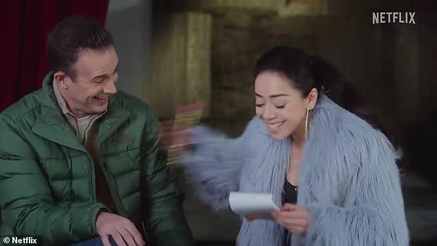 Holiday film: Freddie Prinze Jr. returned to his romcom roots in the first trailer for new festive Netflix film, Christmas With You (above with Aimee Garcia)